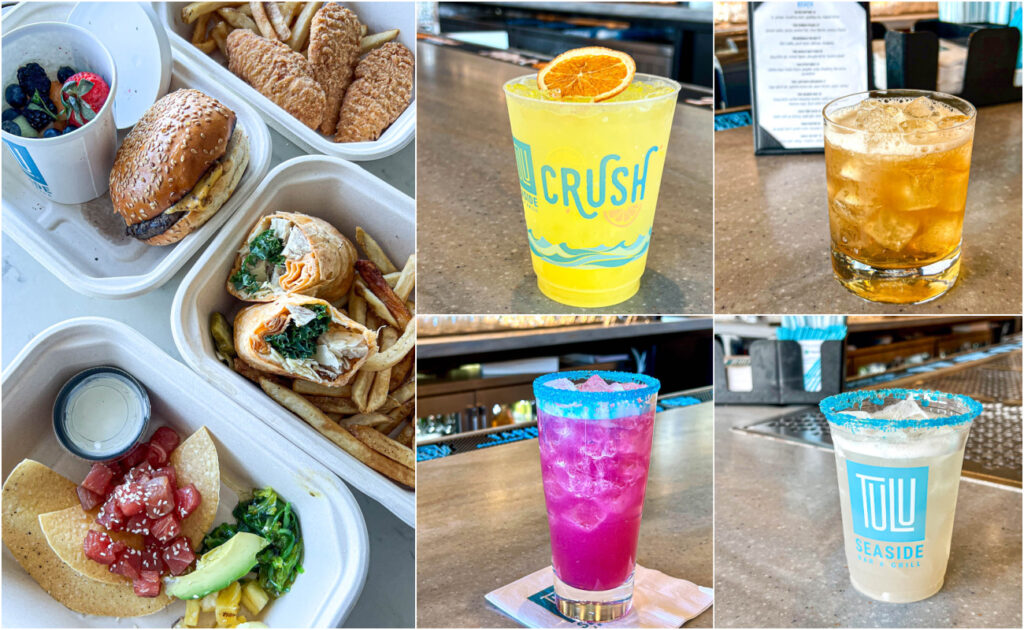 Five photo collage of chips, burger, wrap and chicken tenders in to-go containers and four cocktails at the bar.