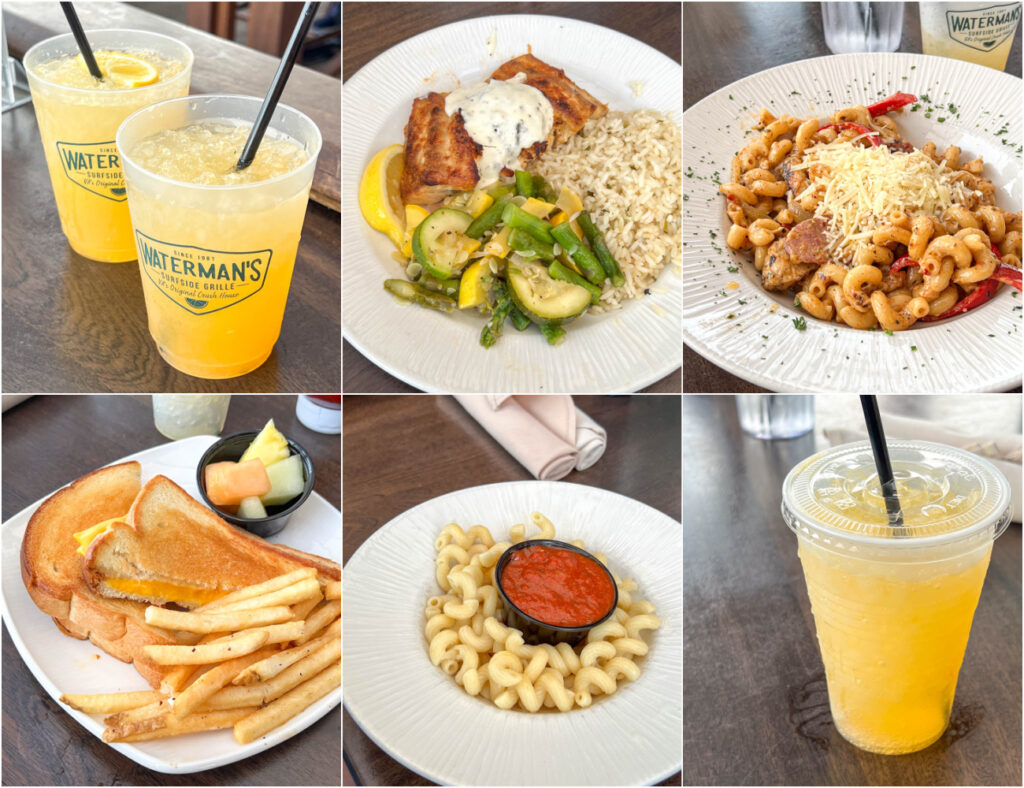 Six photo collage of Creamsicle Orange Crush, crab stuffed fish, cajun pasta, grilled cheese, pasta with marinara, and orange juice with sprite.