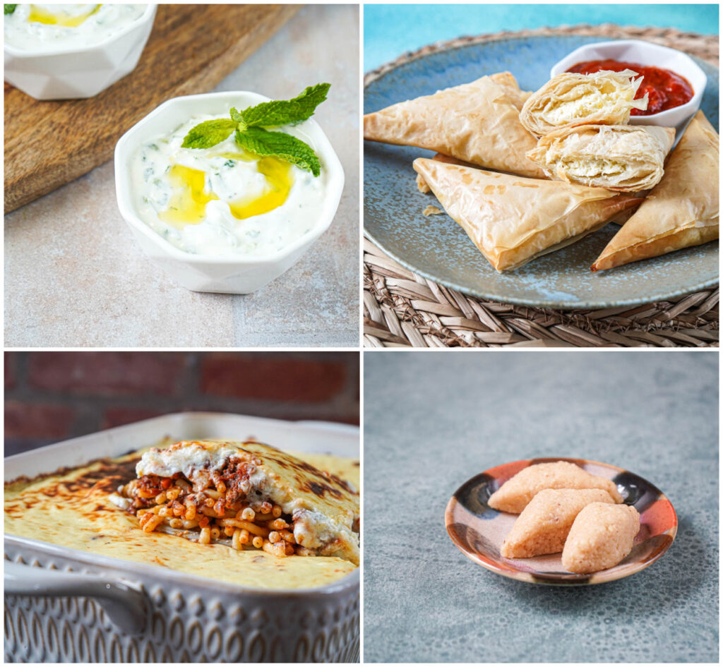 Yogurt Cucumber Dip (Tzatziki), Cheese Pies (Tiropitakia), Baked Pasta with Meat and Béchamel Sauce (Pastitsio), and Marzipan/Almond Paste (Amigdalopasta).