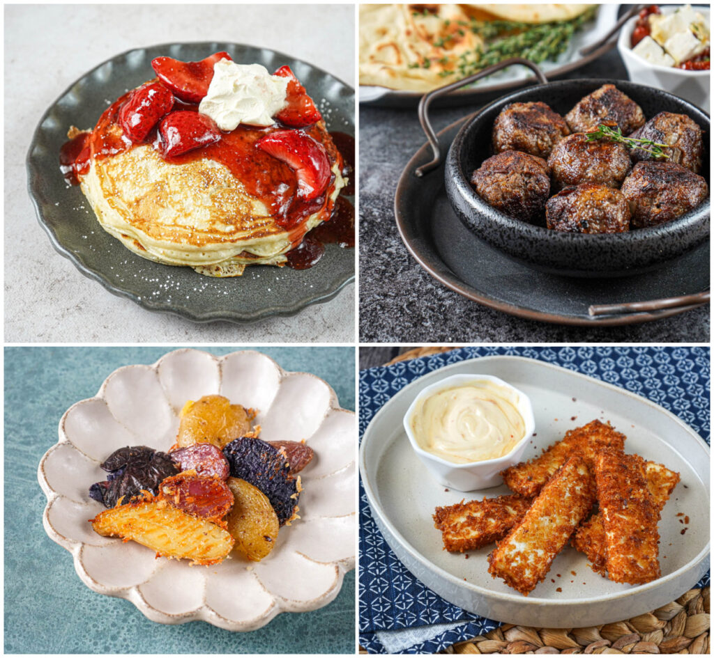 Strawberry Cheesecake Pancakes, Koftas with Marinated Feta in Thyme & Chile Oil, Chile & Parmesan Smashed Potatoes, and Parmesan-Crumbed Paneer with Chile & Mayo.