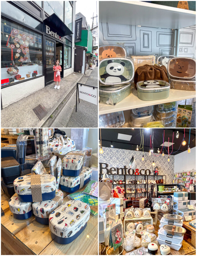 Four photo collage of girl smiling in front of Bento and Co store, bear bentos, sushi bentos, and onigiri bentos.
