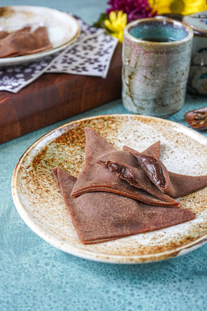 Chocolate Nama Yatsuhashi on a plate with one cut in half to show chocolate ganache filling.