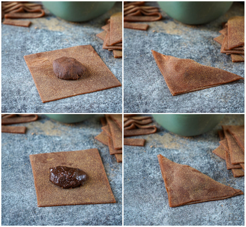 Four photo collage of white bean chocolate filling on chocolate mochi square, square folded over filling to make triangle, ganache on chocolate mochi square, and square folded over filling to make triangle.