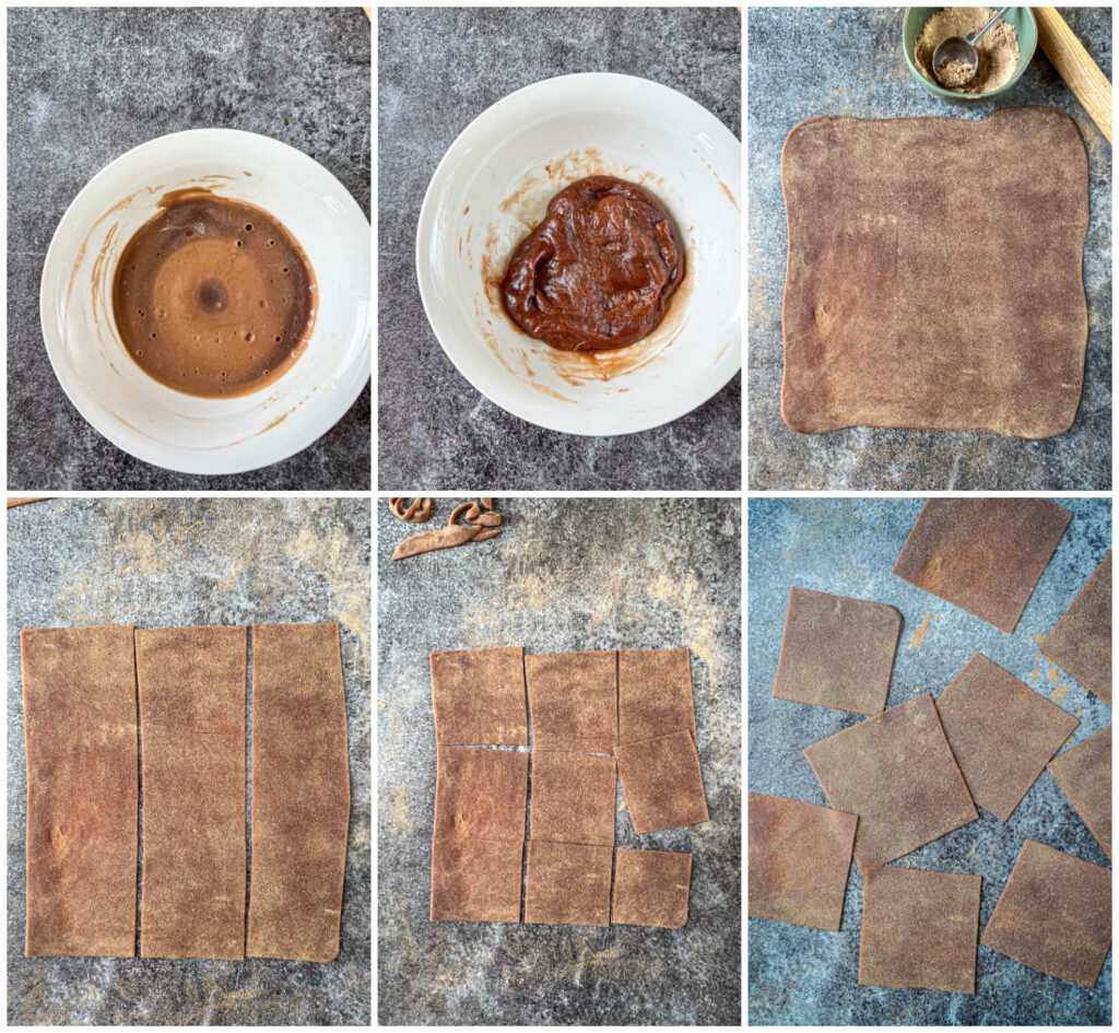 Six photo collage of chocolate mochi dough in bowl, microwaved dough, dough rolled into square, and the dough cut into nine squares.