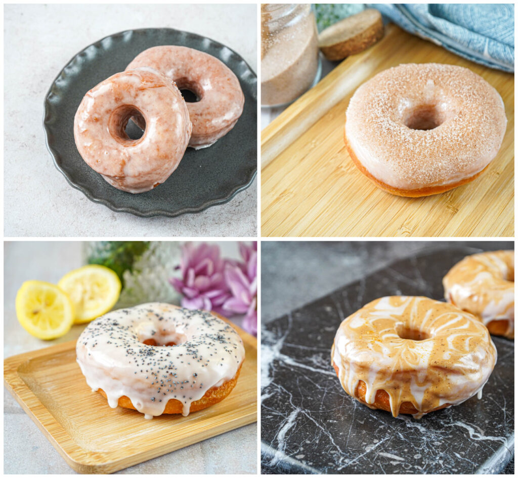Classic Glaze, Cinnamon Sugar, Lemon and Poppy Seed, and Cappuccino Donuts.