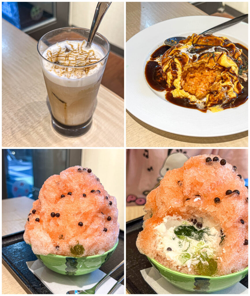 Four photo collage of brown sugar latte, omelet rice, and watermelon shave ice from Estación Cafe.