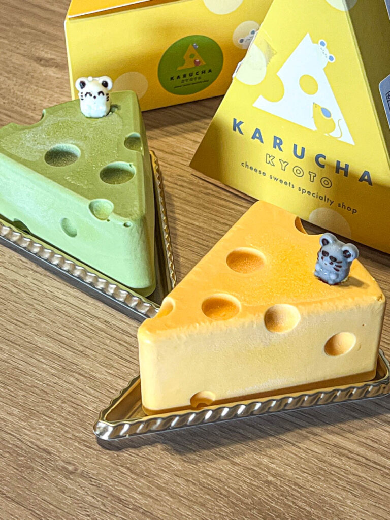 Matcha and Original cheesecake shaped like cheese from Karucha Kyoto. 