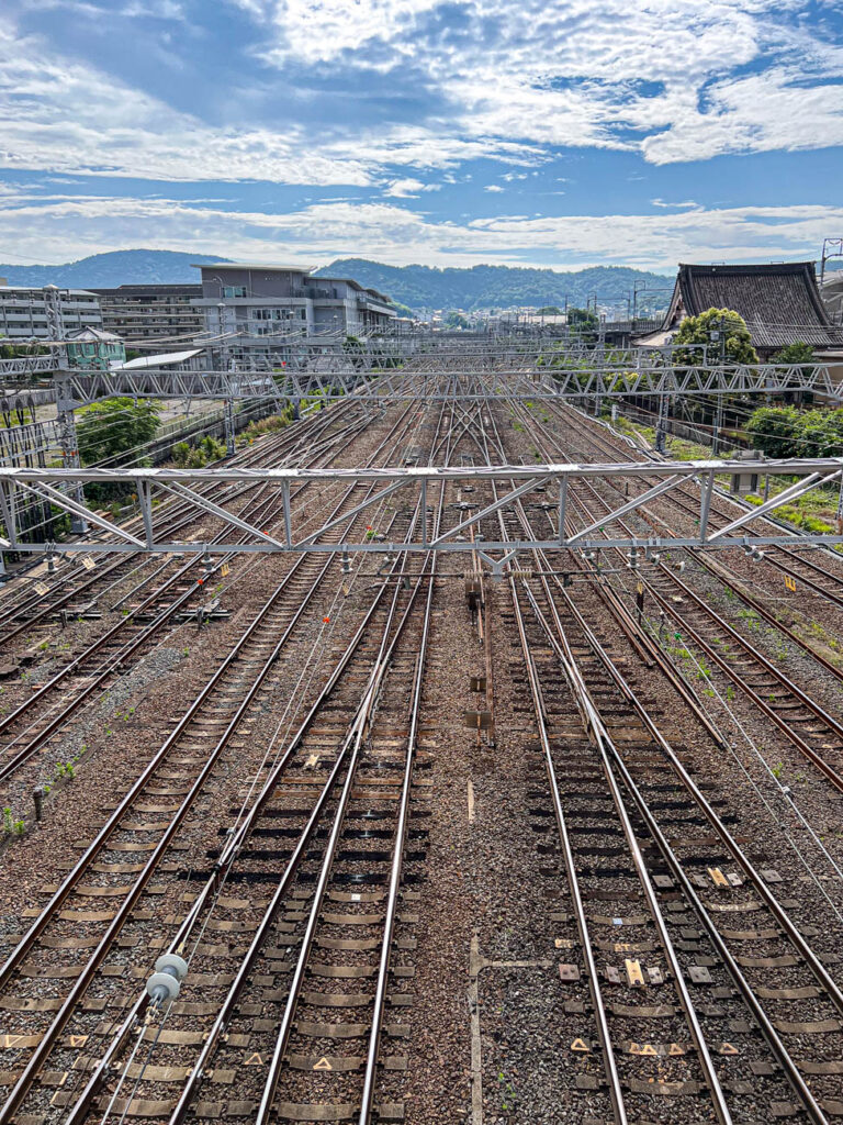 Train tracks from Kyoto Station with the mountains in the background.