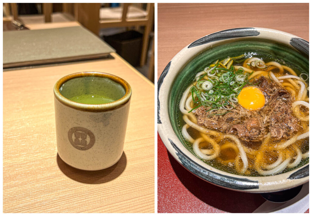 Two photo collage of green tea and a bowl of beef udon soup from Kineya.