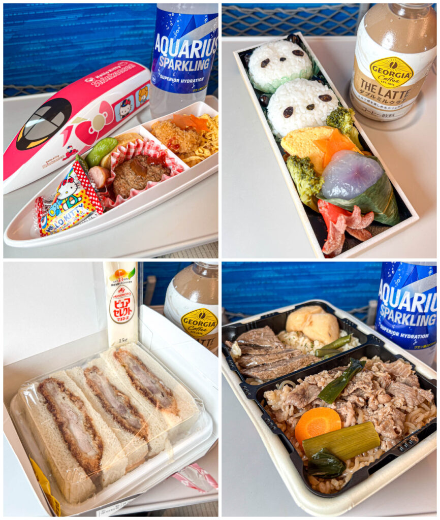 Four photo collage of Hello Kitty Bento, Panda Bento, Pork Sandwich, and Steak Bento.