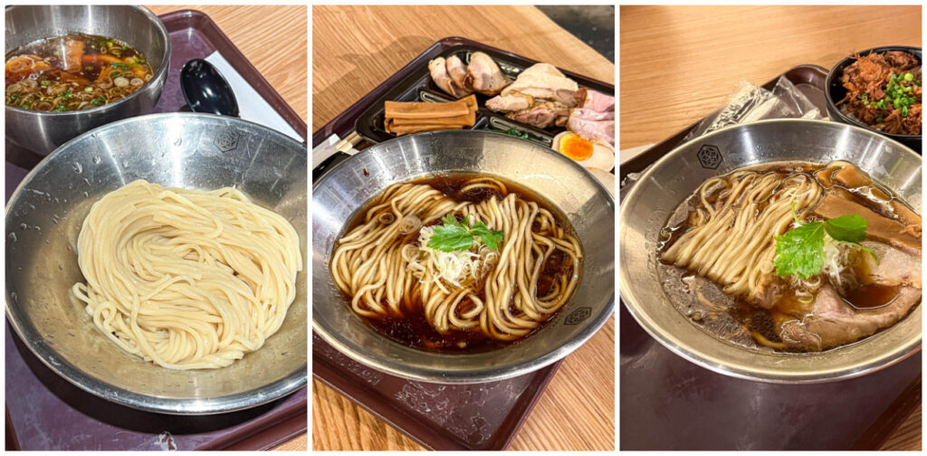 Three photo collage of ramen from Kyoto Senmaru Shakariki Murasaki.