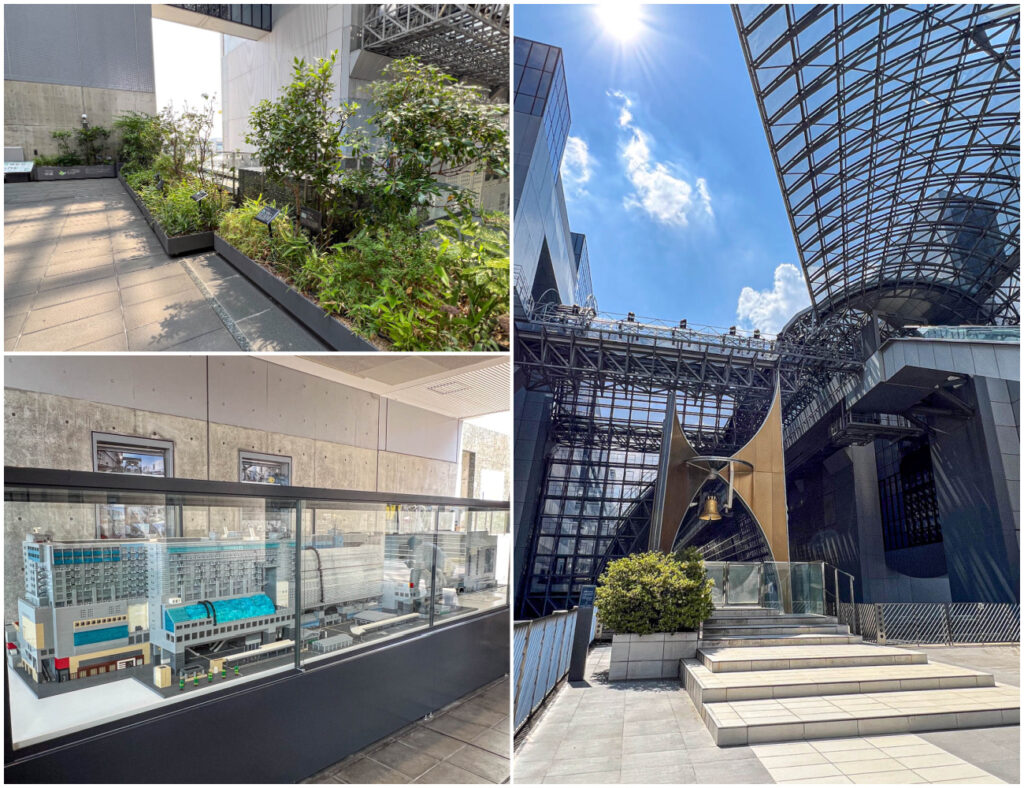 Three photo collage of gardens, a lego station model, and a bell at Kyoto Station.
