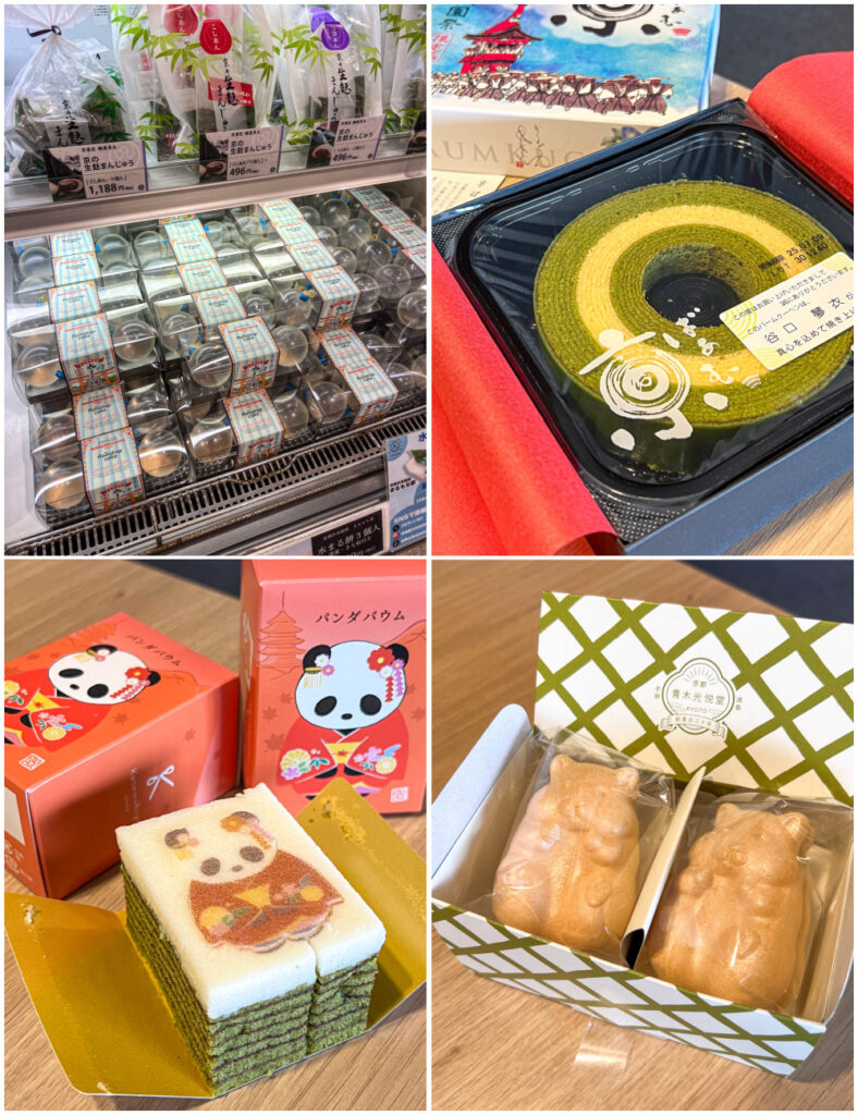 Four photo collage of raindrop mochi on display, matcha baumkuchen, panda baumkuchen, and hamster monaka.