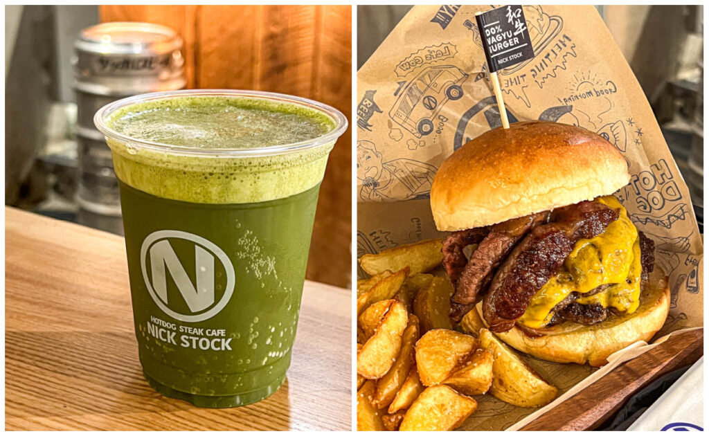 Two photo collage of green tea beer and wagyu burger from Nick Stock.