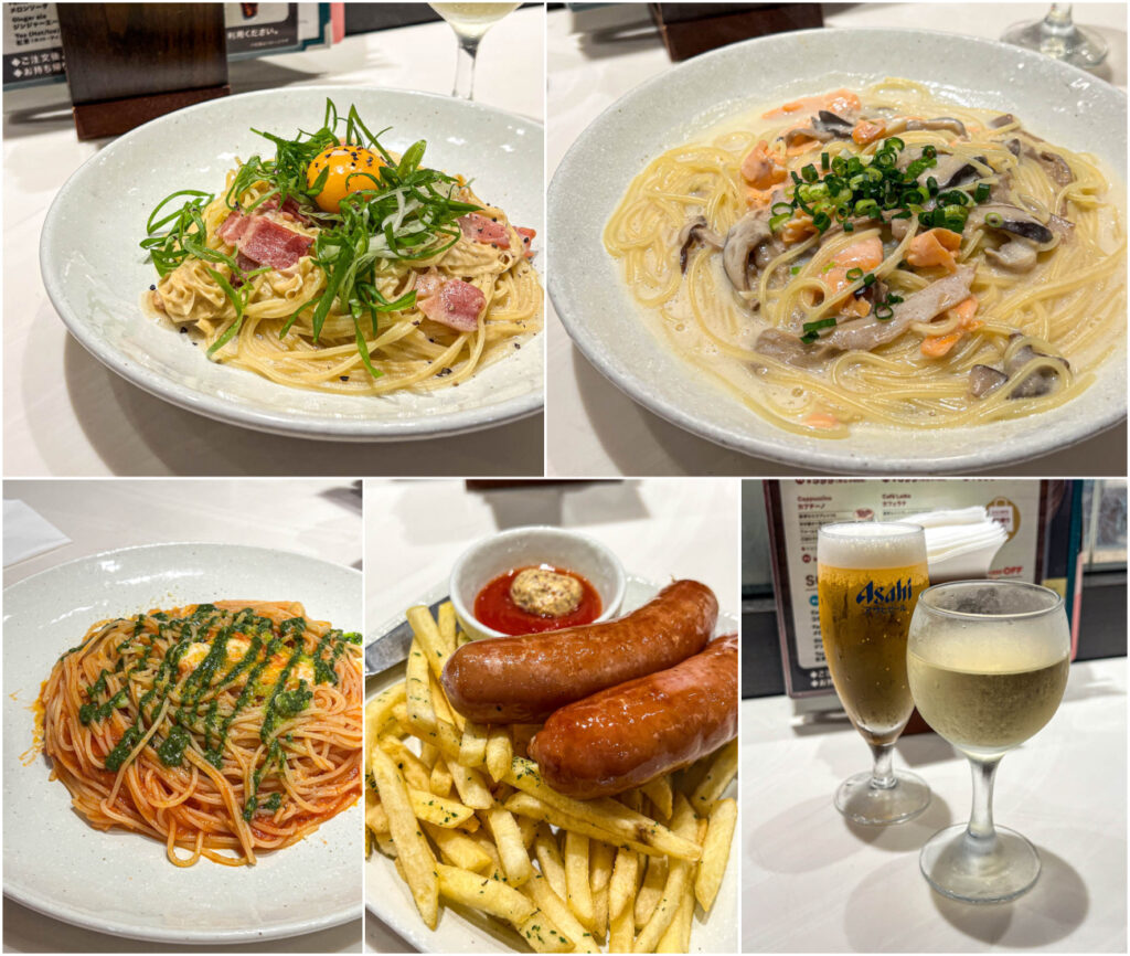 Five photo collage of carbonara with green onion and an egg, Salmon pasta, pasta with mozzarella and perilla sauce, sausage and fries, and a glass of beer and wine from Pasta More.