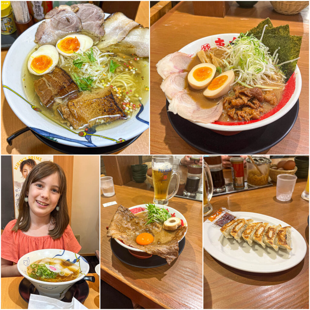 Five photo collage of golden salt ramen, Todai special ramen, girl next to basic shoyu ramen, wagyu beef sukiyaki ramen, and gyoza from Ramen Koji.