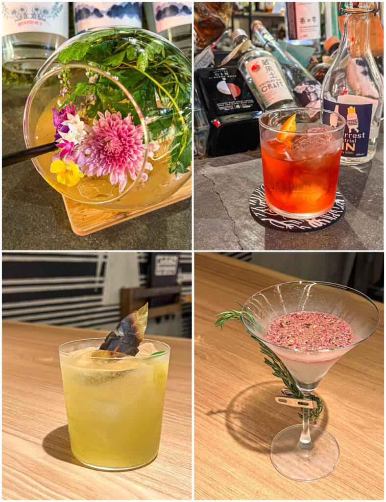 Four photo collage of botanical cocktail with flowers, Negroni, cocktail with burnt leaf, and cocktail with rose powder over the top.