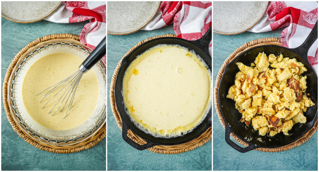 Three photo collage of batter in a bowl, batter in a pan, and chopped pieces of pancake in a pan.