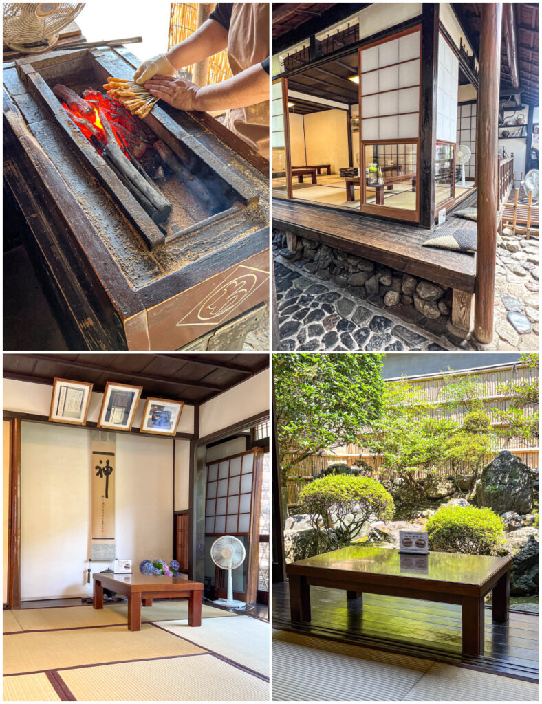 Four photo collage of Aburi Mochi on grill and tatami seating at Ichimonjiya Wasuke.