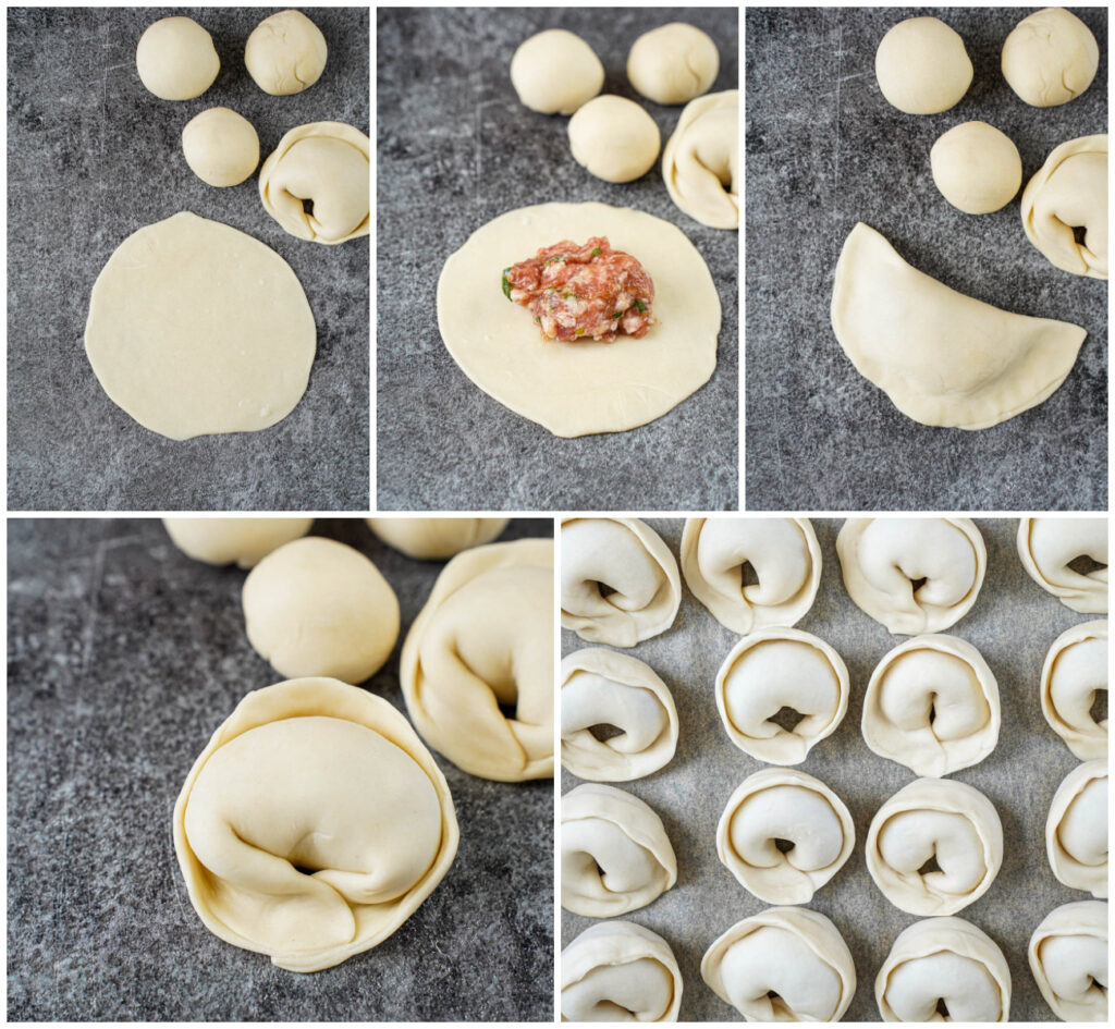 Five photo collage of rolled out wrapper, pork filling on wrapper, wrapper folded in half, corners pulled together to make a circular dumpling, and dumplings on a sheet of parchment.