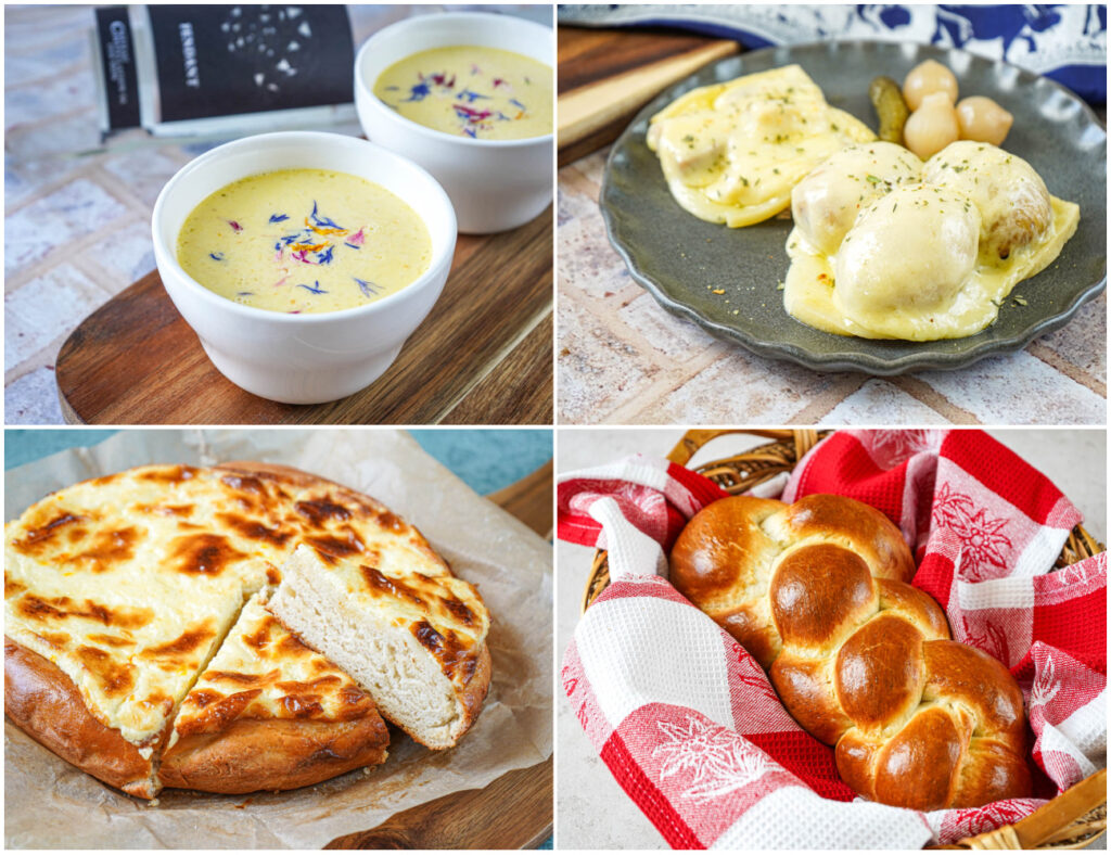 Weinsuppe (Soupe au vin), Raclette (Melted Cheese Scraped Over Potatoes), Toétché (Bread Topped with Tangy Sour Cream), and Zopf (Tresse, Buttery Braided Bread).