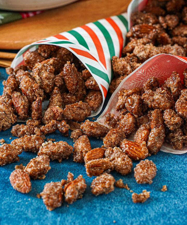 Gebrannte Mandeln (German Candied Almonds) in three paper cones.
