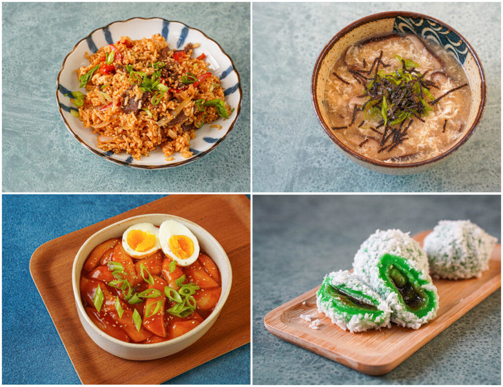 Spicy Mongolian Beef Fried Rice, Japanese Shiitake Mushroom Zosui Soup, Korean Chewy Rice Cakes (Tteokbokki), and Indonesian Coconut Pandan Rice Balls (Klepon).