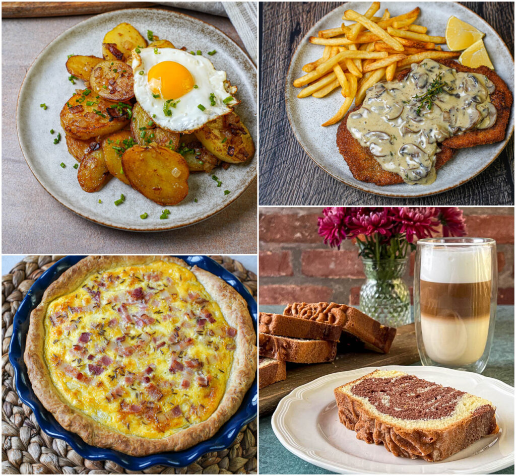 Bratkartoffeln (Pan-Fried Potatoes), Jägerschnitzel (Pork Schnitzel with Creamy Mushroom Sauce), Zwiebelkuchen (Onion Pie), and Marmorkuchen (German Marble Cake).