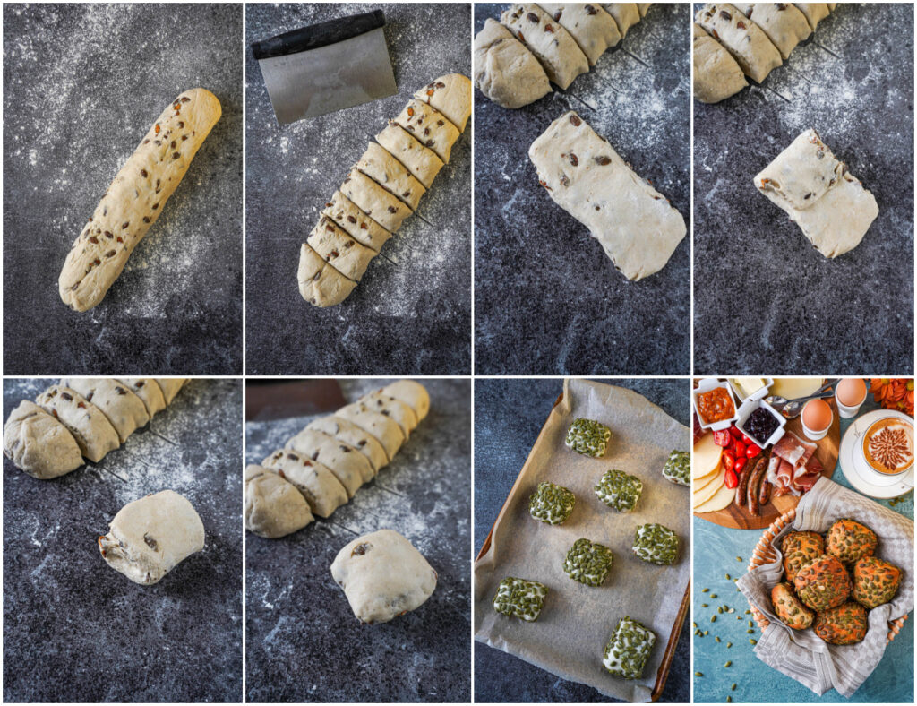 Eight photo collage of dough in a log, cut into eight pieces, folding one piece into three layers, pumpkin seed-covered rolls on a baking sheet, and Kürbiskernbrötchen (Pumpkin Seed Rolls) in a basket.