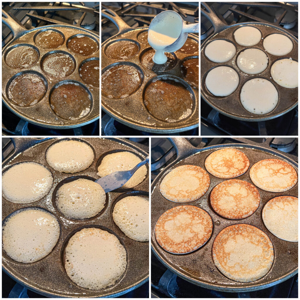 Five photo collage of greased pan, pouring batter into pan, seven cavities filled with batter, flipping a pancake, and golden brown pancakes in pan.