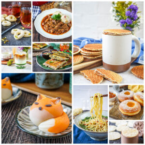 Nine photo collage of cookies, goulash, matcha latte, martabak, fox nerikiri, stroopwafels, noodles, hungarian doughnuts, and corzetti.
