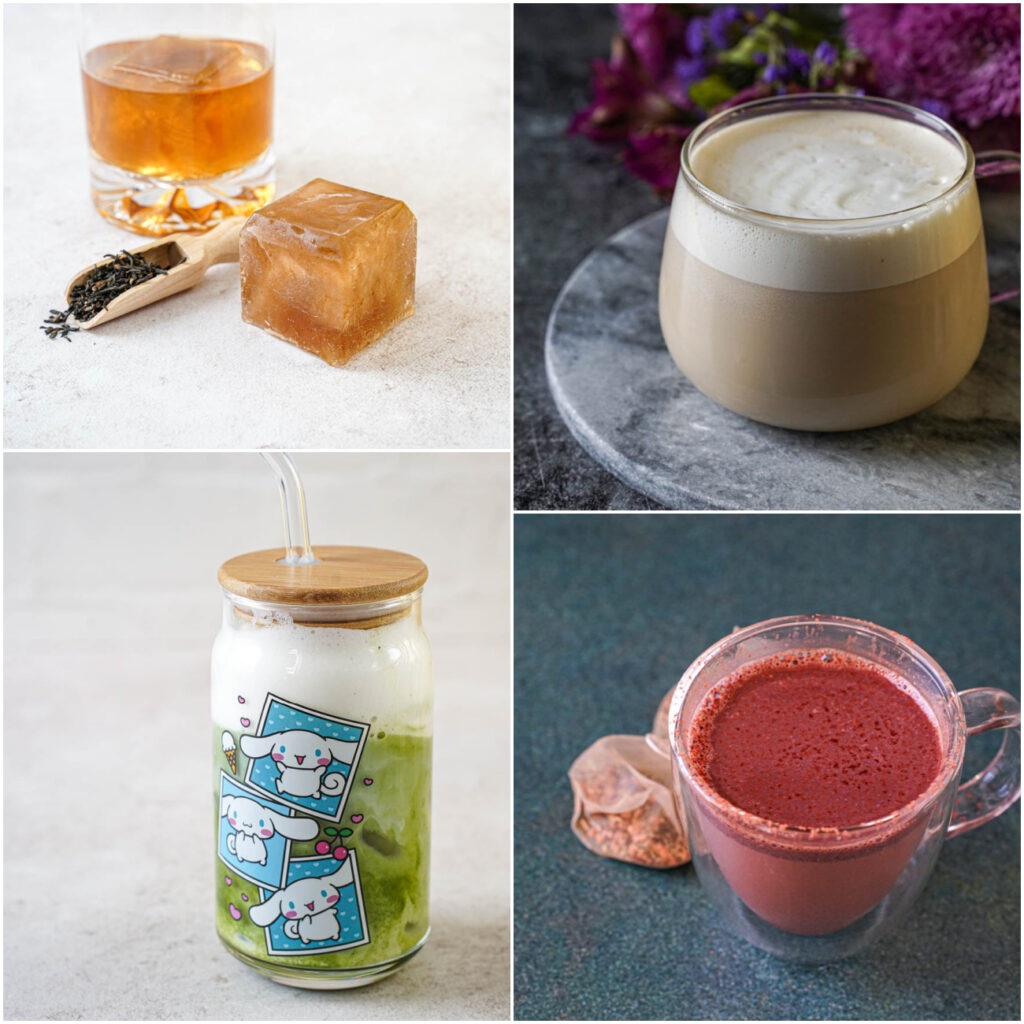 Tea Ice Cubes, London Fog, Matcha Latte, and Rice Puff Cocoa.