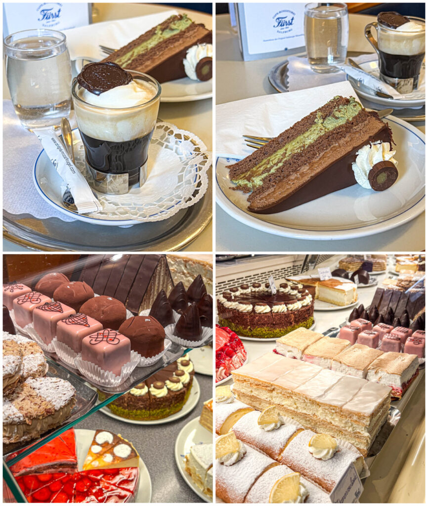 Four photo collage of Einspänner in a small glass, Mozarttorte, pastries in a case, and cakes in a case at Café Konditorei Fürst.