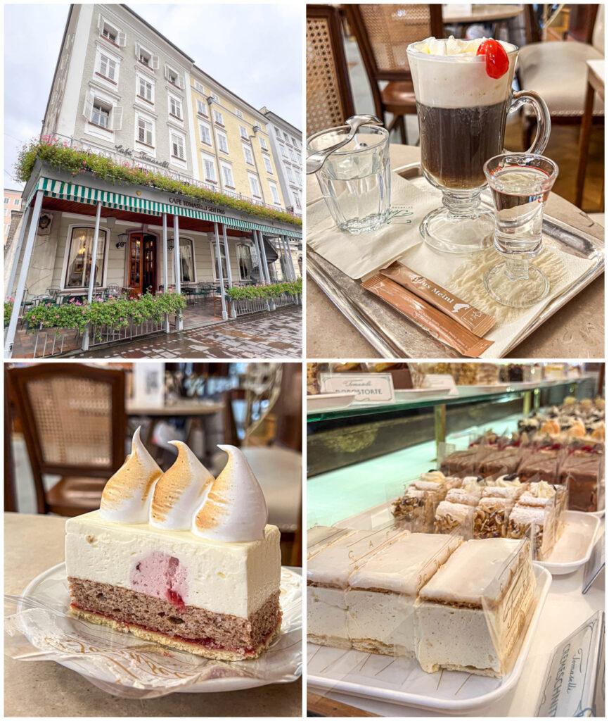 Four photo collage of entrance to Cafe Tomaselli, Fiaker in a glass next to a cup of water, Salzburger Nockerlschnitte, and rows of cake slices on display.
