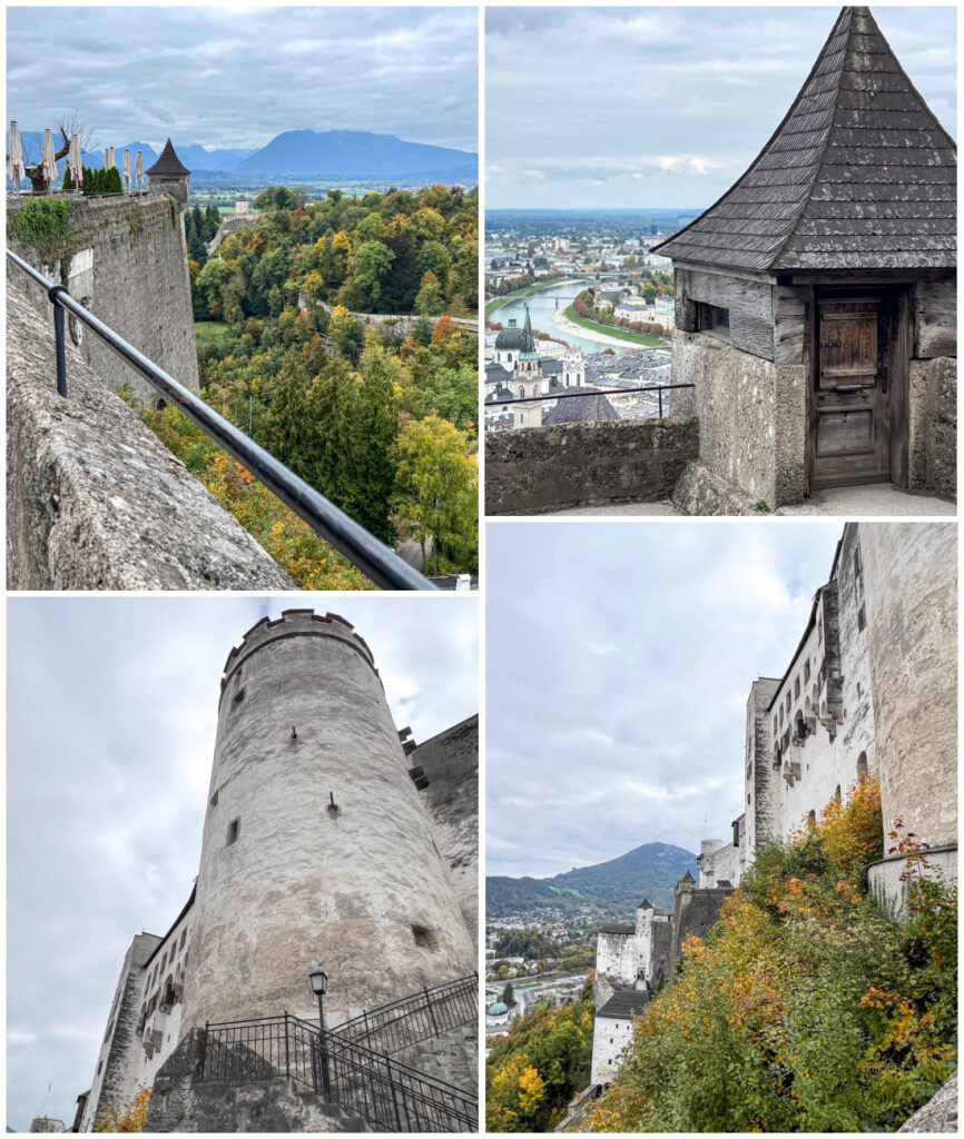 Four photo collage of outside wall surrounded by trees, towers, and another outside wall at Festung Hohensalzburg.