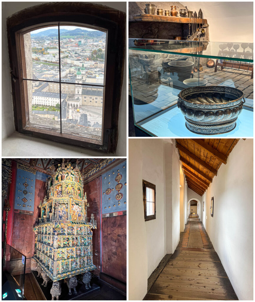 Four photo collage of view of Salzburg through a window, kitchen, tiled oven, and hallway in Festung Hohensalzburg.
