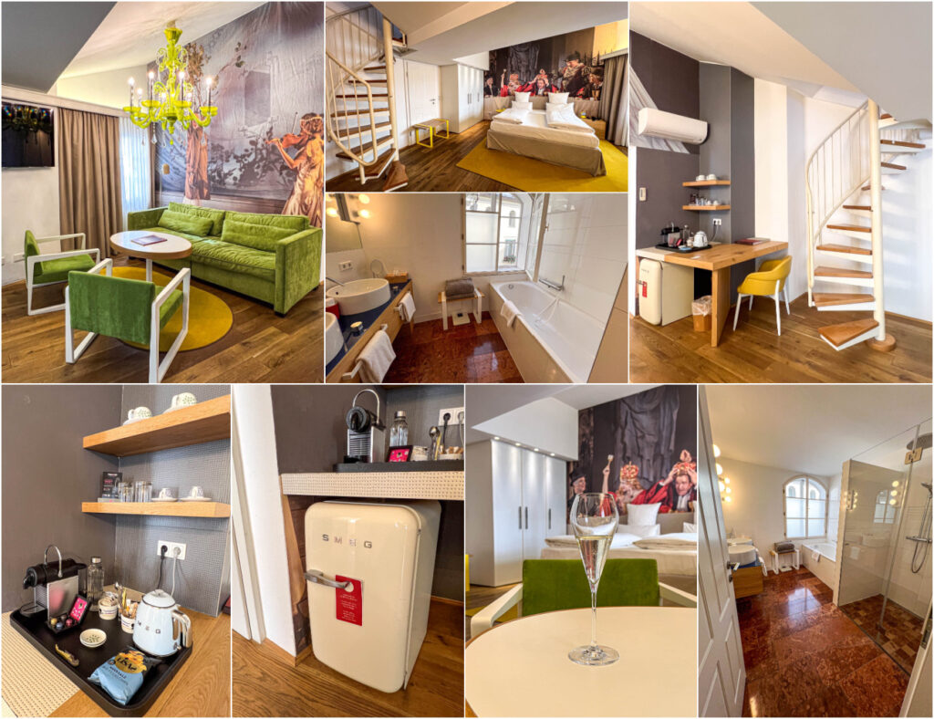 Eight photo collage of green sofas, bed, bathtub, staircase, coffee maker, refrigerator, glass of champagne, and shower in Hotel Goldgasse room.