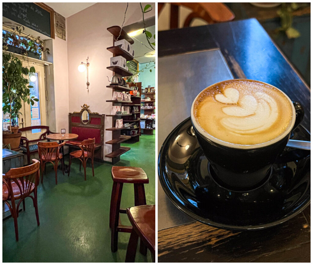 Two photo collage of shelves and chairs and shelves in coffee shop and a Flat White in a black cup from Kaffee Alchemie.