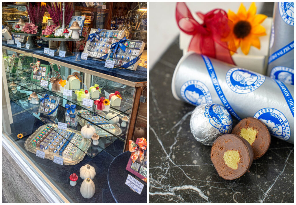 Two photo collage of Salzburger Mozartkugel in display case and one cut in half to show pistachio center.