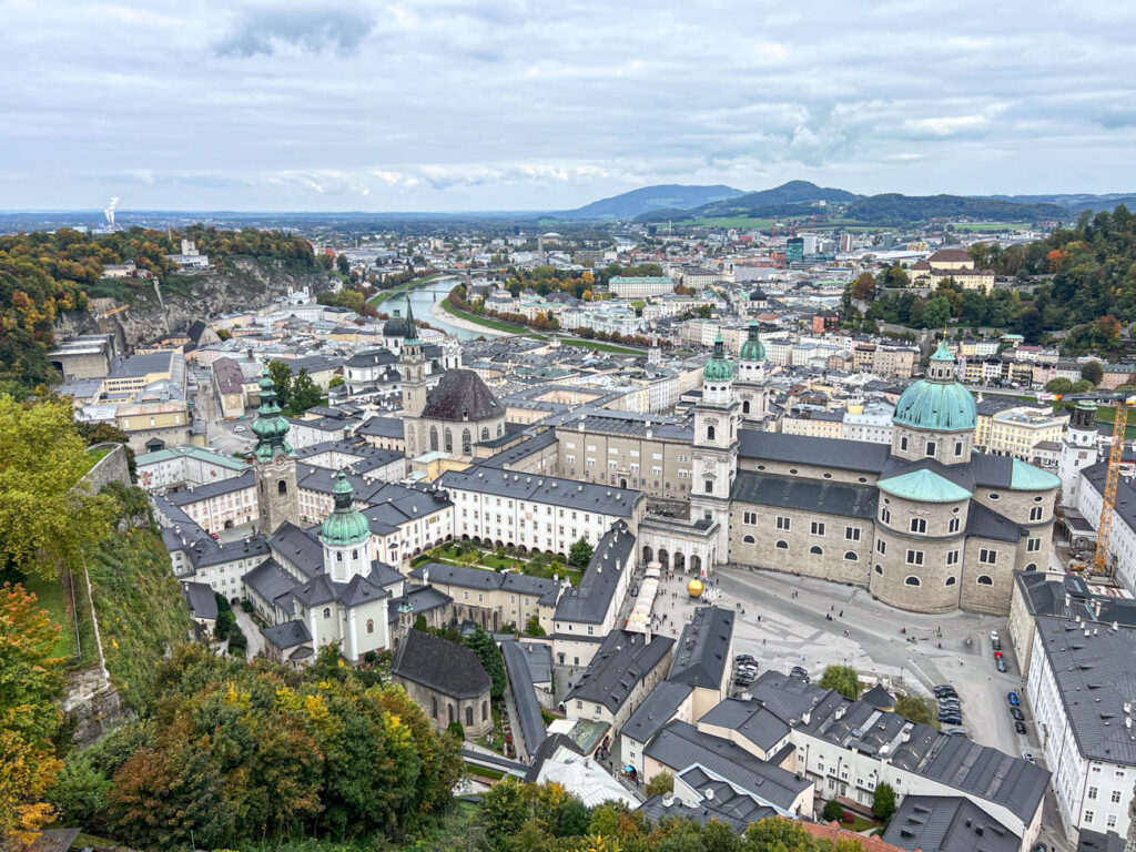 View of Salzburg with mountains in the background from Festung Hohensalzburg.