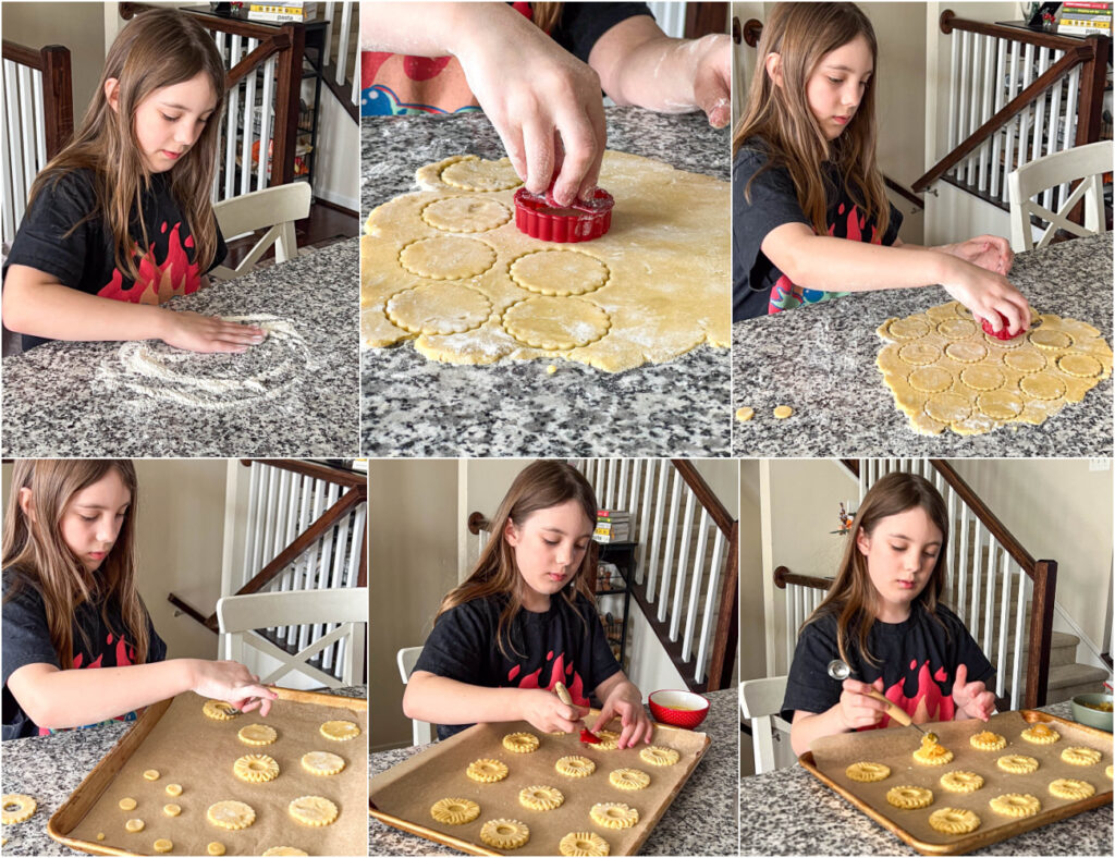 Six photo collage of girl spreading flour on work surface, cutting out rounds of dough, cutting a hole in the center of a round of dough, pressing fork against dough, brushing egg wash, and putting pineapple jam in center of dough.