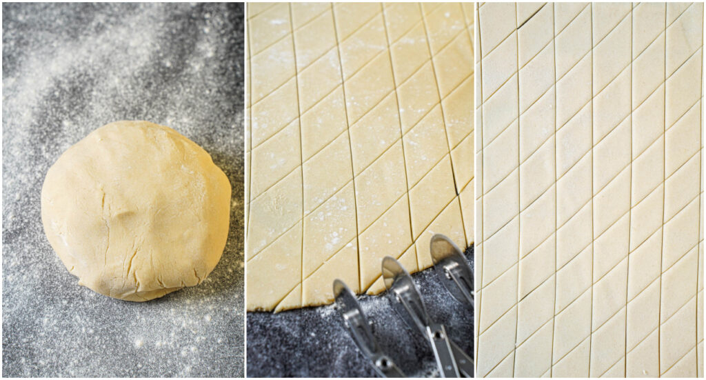 Three photo collage of ball of dough, dough rolled into a sheet, and cut into diamonds.