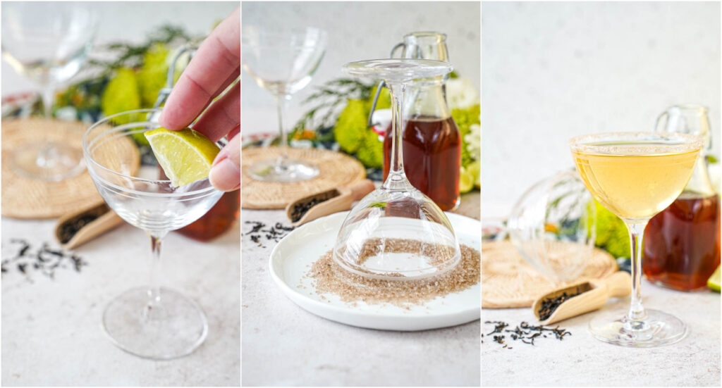Three photo collage of rubbing a lime wedge across a rim, coating in salt, and filled with Smoky Lapsang Martini.