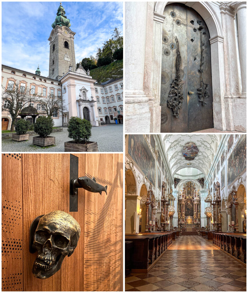 Four photo collage of outside of St Peter Church, two tall doors, skull and fish door knobs, and altar inside church.