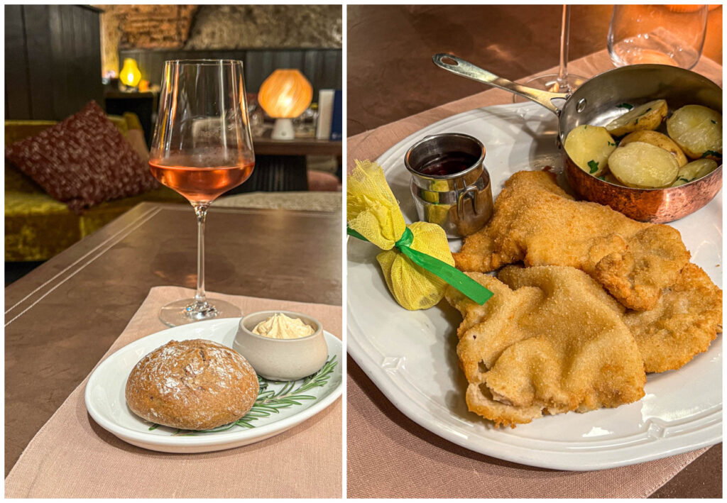 Two photo collage of a bread roll next to salted caramel butter and a glass of Rosé and Wienerschnitzel with Petersilienerdäpfel (parsley potatoes).