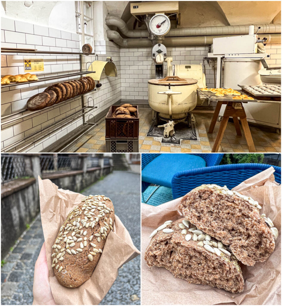 Three photo collage of kitchen inside Stiftsbäckerei St. Peter and spiced bread roll.