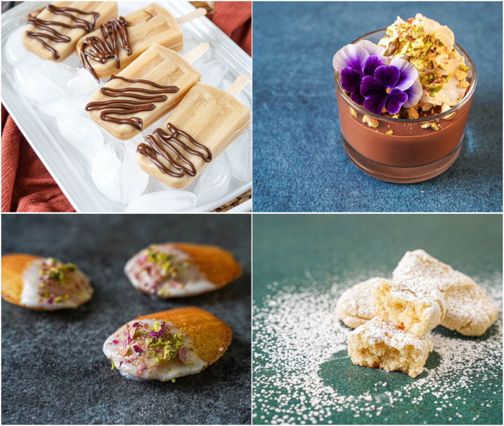 Chai Masala Popsicles with Peanut & Chocolate Drizzle, Chocolate & Cardamom Puddings, Rose & Cardamom Madeleines, and Tuscan Ricciarelli Cookies.