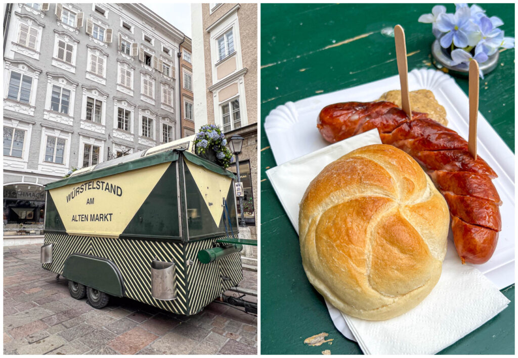 Two photo collage of Wüstelstand am Alten Markt and sliced sausage on a plate with Kaisersemmel.
