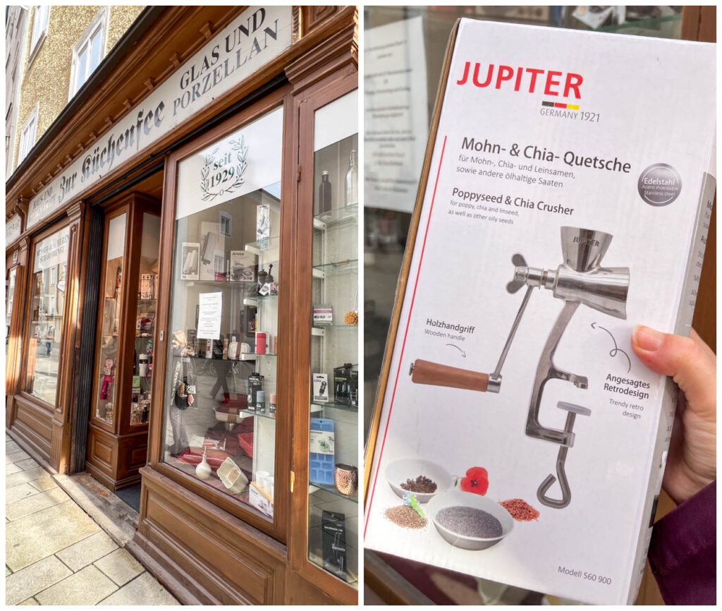 Two photo collage of entrance to Zur Küchenfee and a poppy seed grinder box.