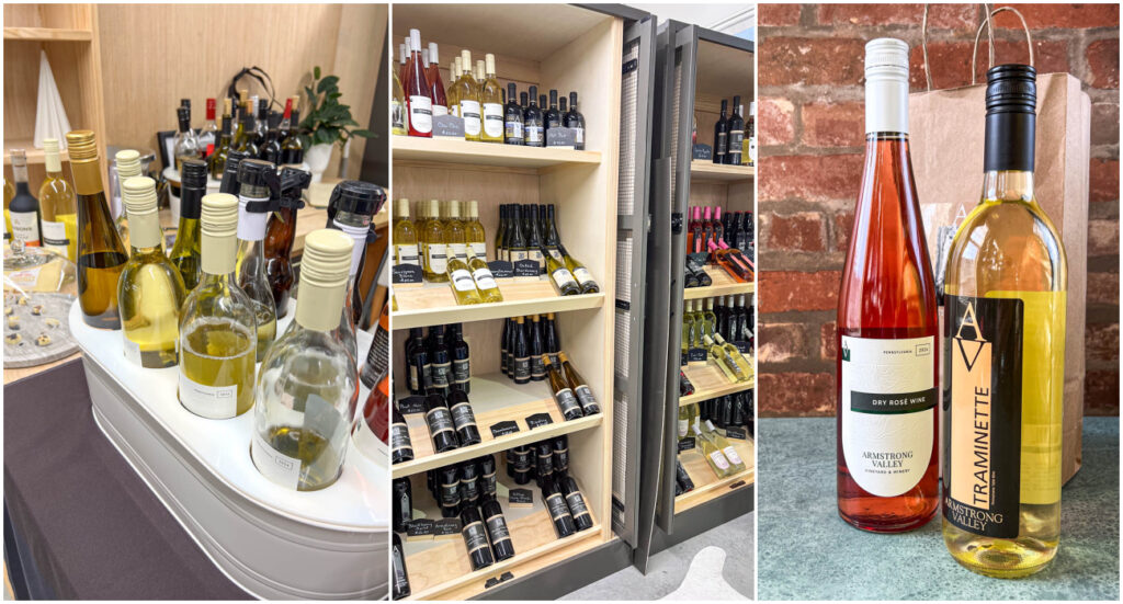 Three photo collage of wine bottles on display, on a shelf, and two bottles of wine in front of a bag.